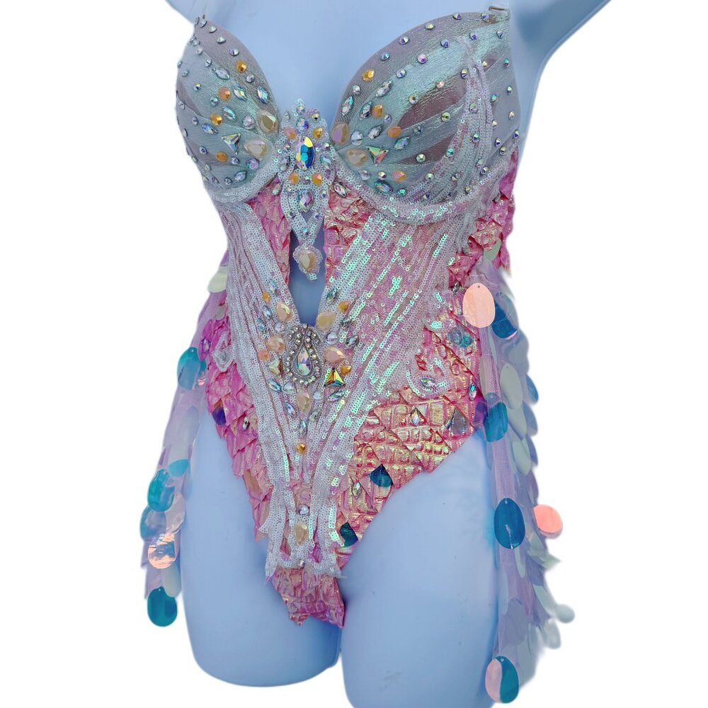 Iridescent Orange Dragon Scale Monokini Bodysuit Dress Dance Festival Costume - Picture 5 of 6